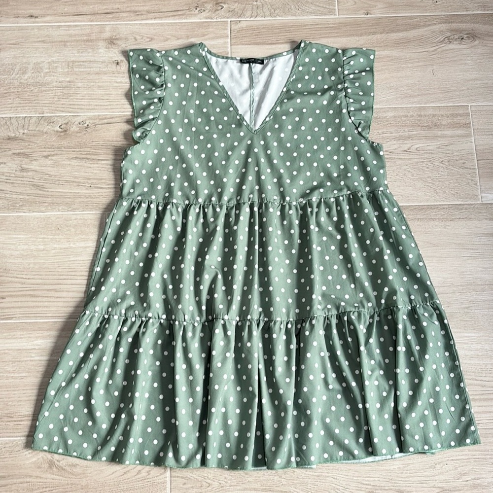 Plus Curve Green Polka Dotted Mini Tiered Ruffle Dress